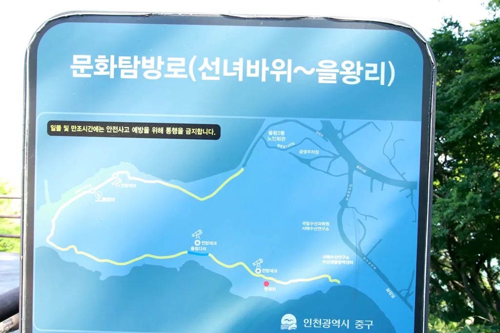 선녀바위에서 을왕리까지, 문화탐방로 코스 안내. 소요 시간과 주요 지점이 표시된 공식 안내판 전경.