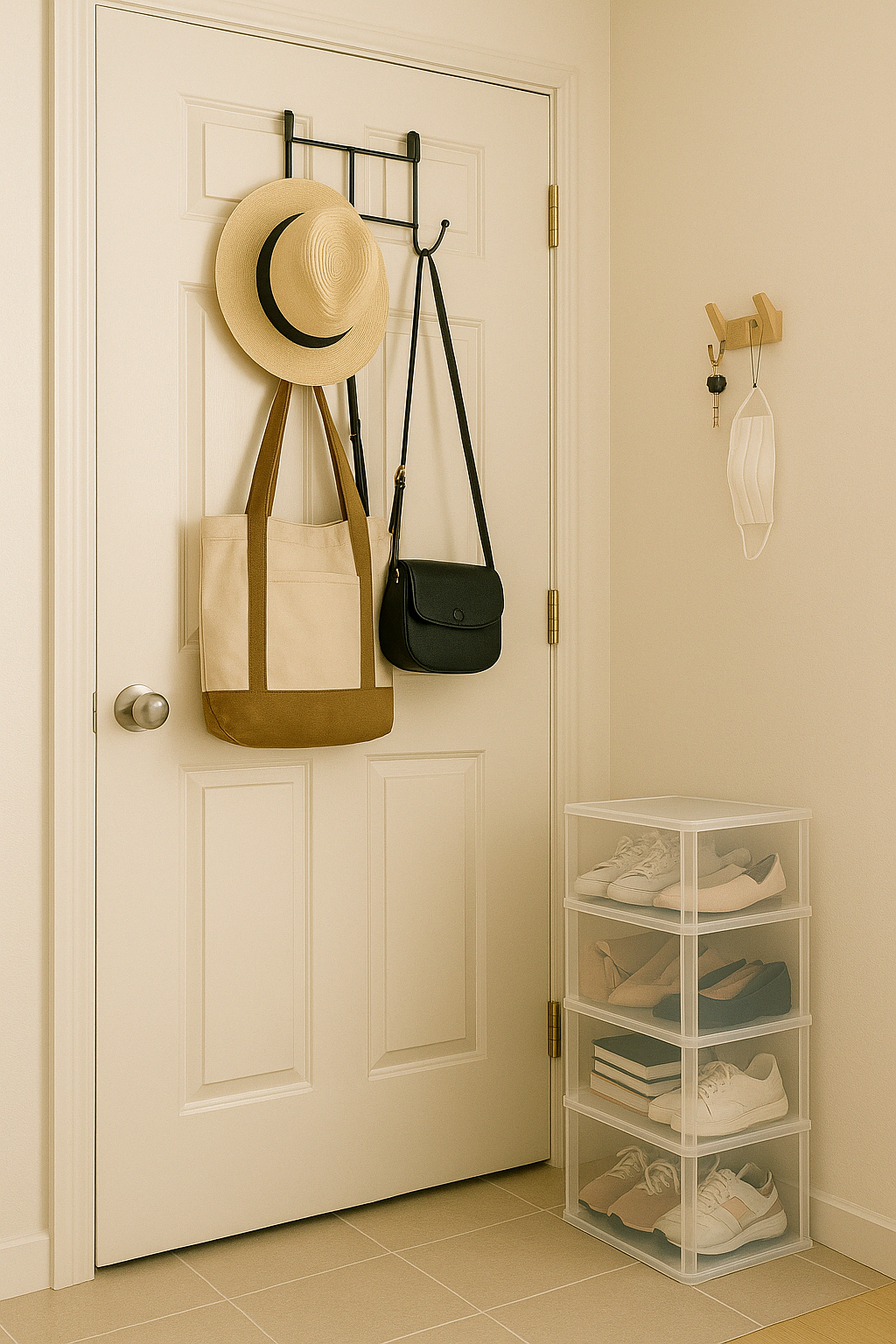 현관문 뒤 도어 행거에 가방과 모자가 걸리고 벽 훅에는 열쇠와 마스크가 정리된 모습