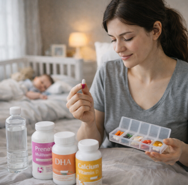 산후 회복을 위해 철분제와 비타민D 등 영양제를 섭취하는 산모의 모습