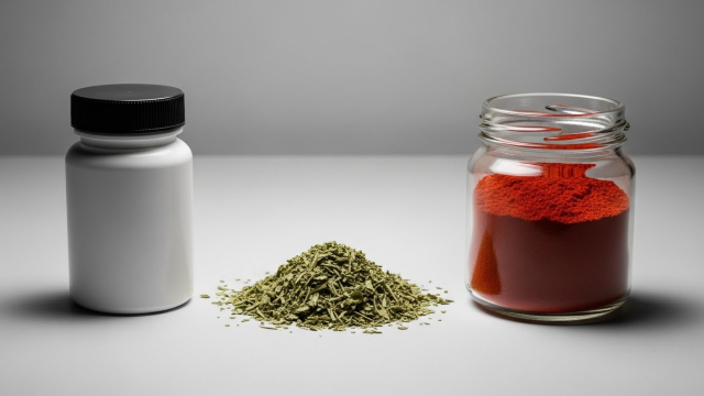 약통과 한약 재료, 건강식품이 한 번에 놓인 책상