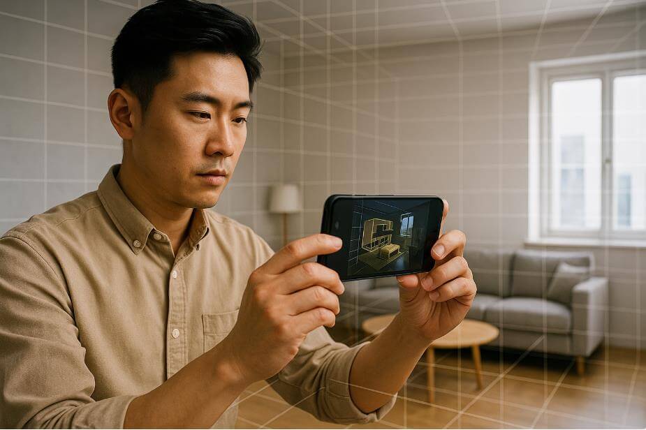 스마트폰으로 인테리어 공간을 3D로 스캔하는 장면