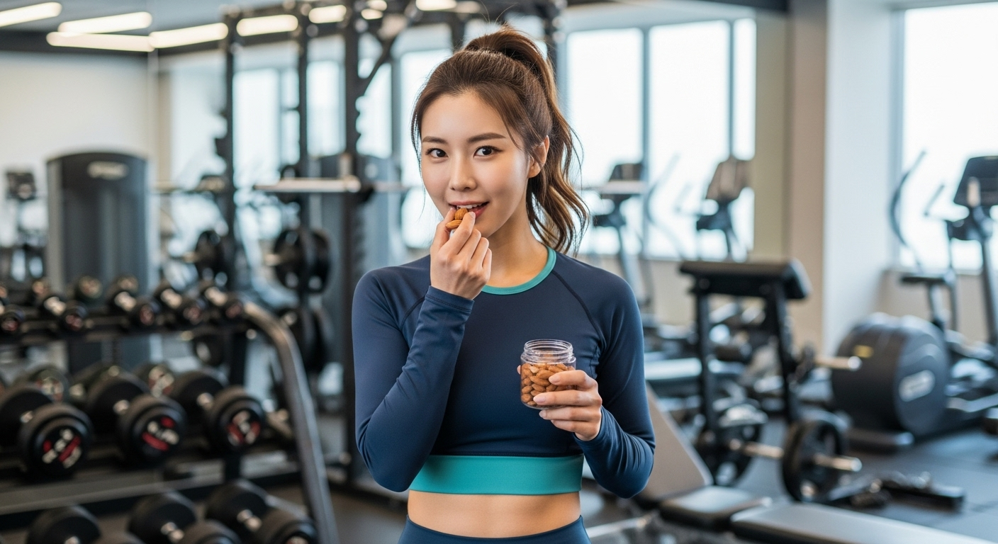 운동복을 입고 아몬드를 간식으로 먹는 한국 여성