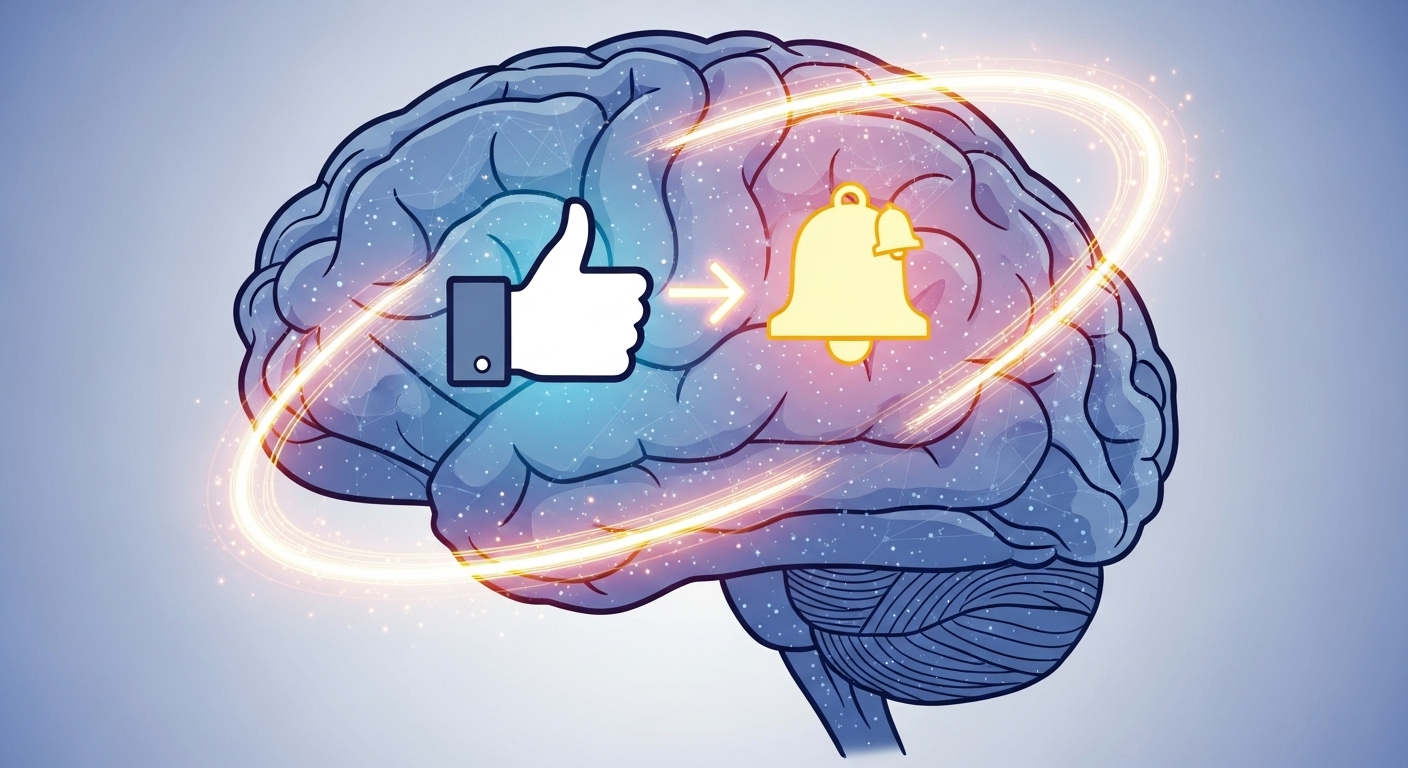 '좋아요'와 '알림' 아이콘으로 인해 활성화되는 뇌의 도파민 회로 그림