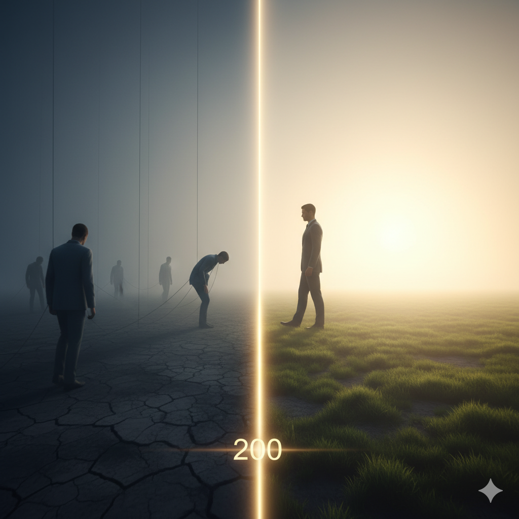 킨스는 용기(200)를 의식 지도의 가장 중요한 변곡점으로 봅니다. 200 이하의 감정들이 외부의 통제에 수동적으로 반응하는 ‘파괴적인’ 에너지라면, 용기는 비로소 능동적으로 삶을 책임지기 시작하는 ‘건설적인’ 에너지에요.