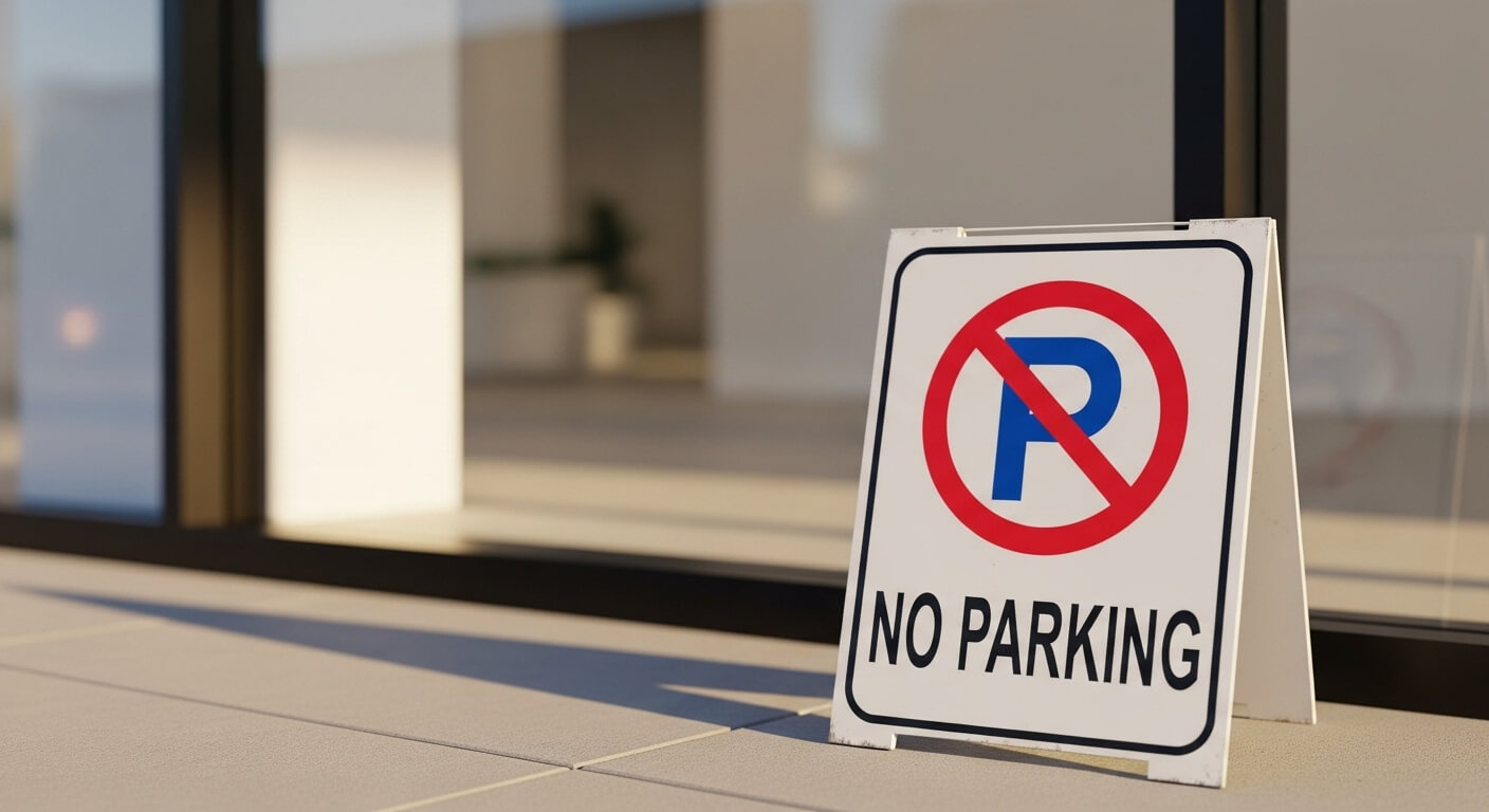 건물 외부에 세워진 불법 주정차 금지 안내판