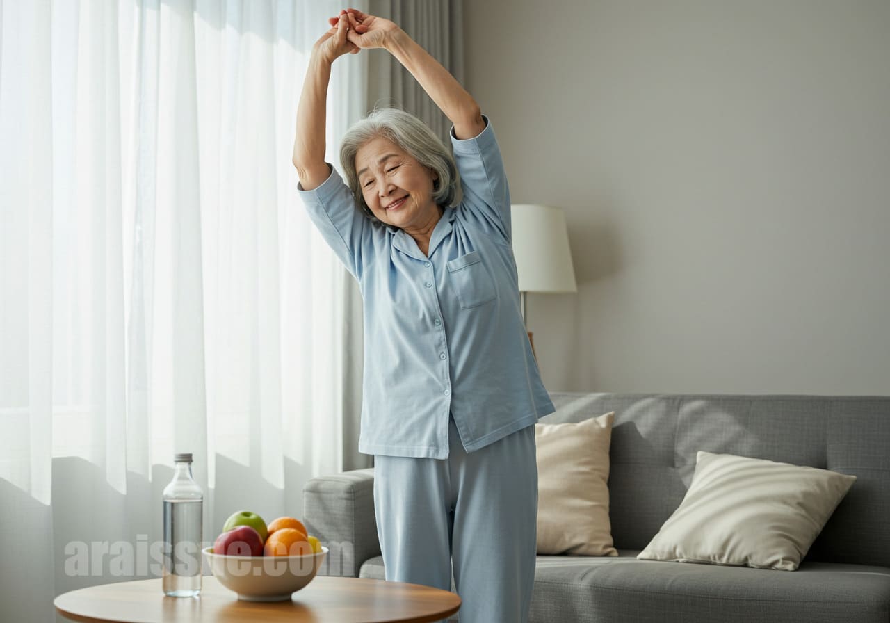 접종 전날 아침, 햇살 아래 가볍게 스트레칭하며 하루를 시작하는 70대 여성.
건강한 준비 습관을 표현하는 따뜻한 장면입니다.