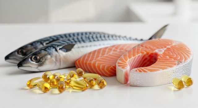 오메가3 캡슐과 등푸른 생선을 활용한 건강 콘셉트 이미지