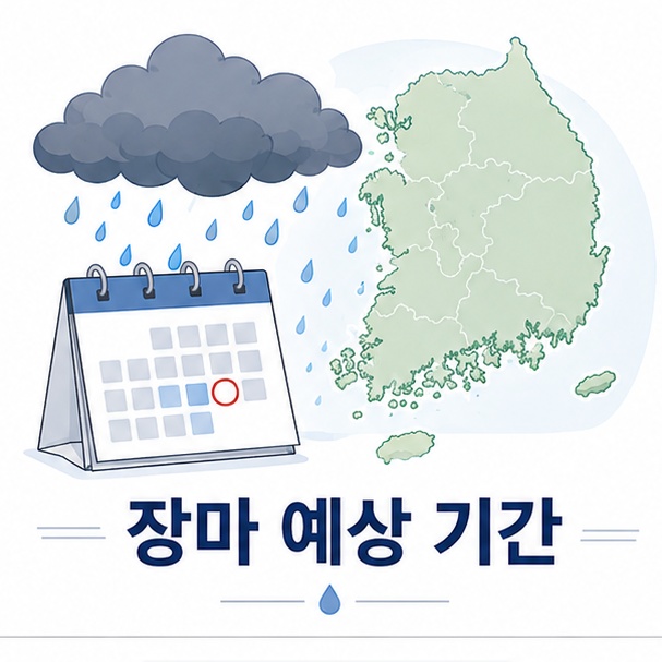 대한민국 지도와 먹구름, 달력을 이용해 장마 예상 기간을 소개하는 그림