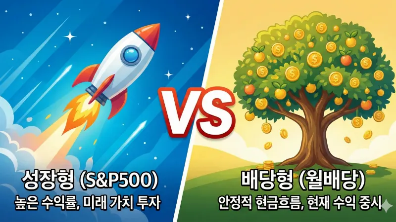자산 증식을 위한 성장형 미국 ETF(로켓 아이콘)와 현금 흐름을 위한 월배당 ETF(황금 나무 아이콘)의 특징 비교