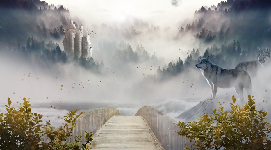 꿈에서 보는 듯한 몽환적인 성배경과 늑대 두마리
