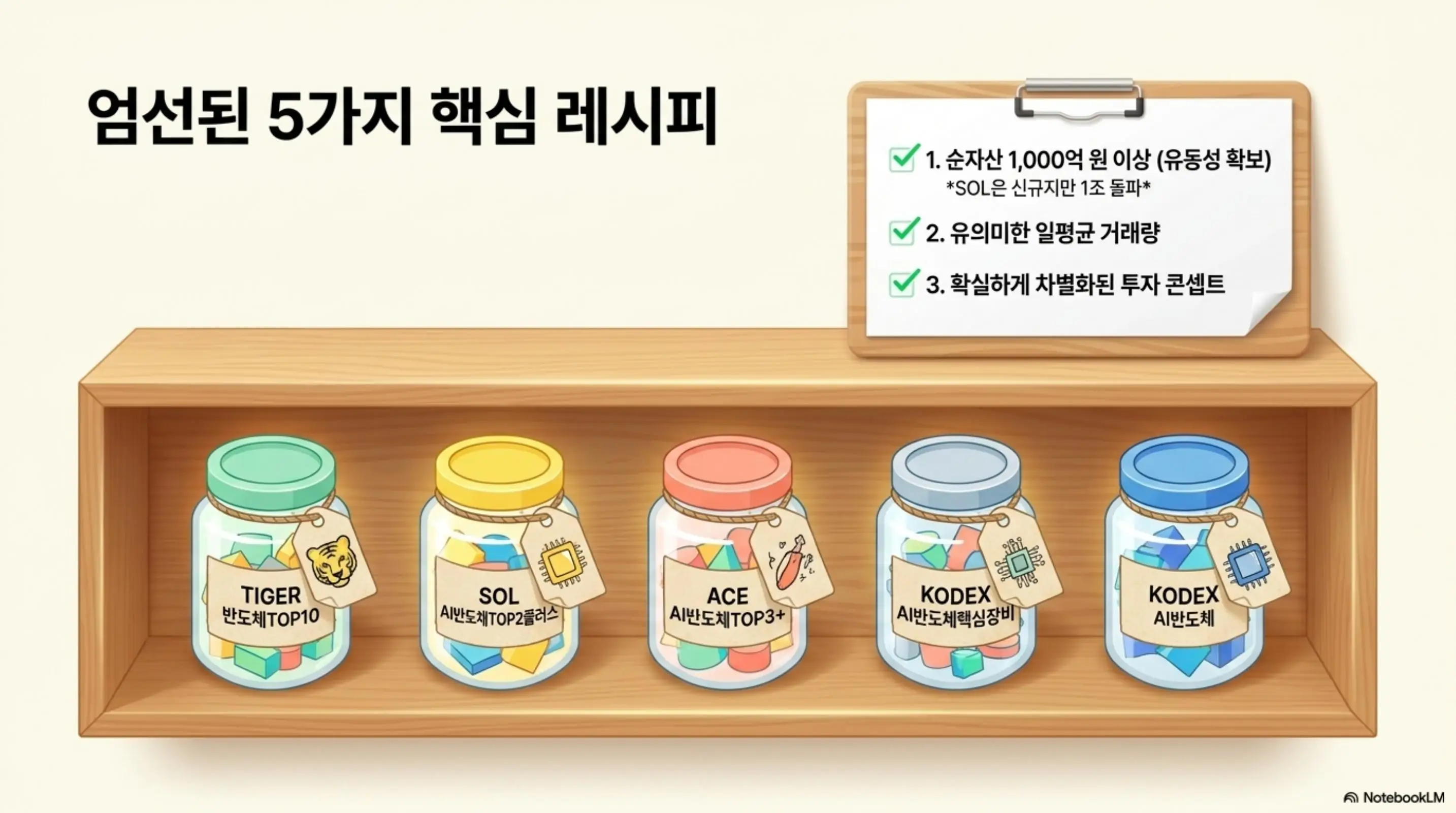 AI반도체ETF비교: 순자산 1,000억 원 이상과 유의미한 일평균 거래량 및 차별화된 투자 콘셉트라는 세 가지 선별 기준으로 고른 AI 반도체 ETF 5종을 유리병 일러스트로 나열한 인포그래픽. 블로그의 AI 반도체 ETF 비교 대상 선정 과정을 설명함
