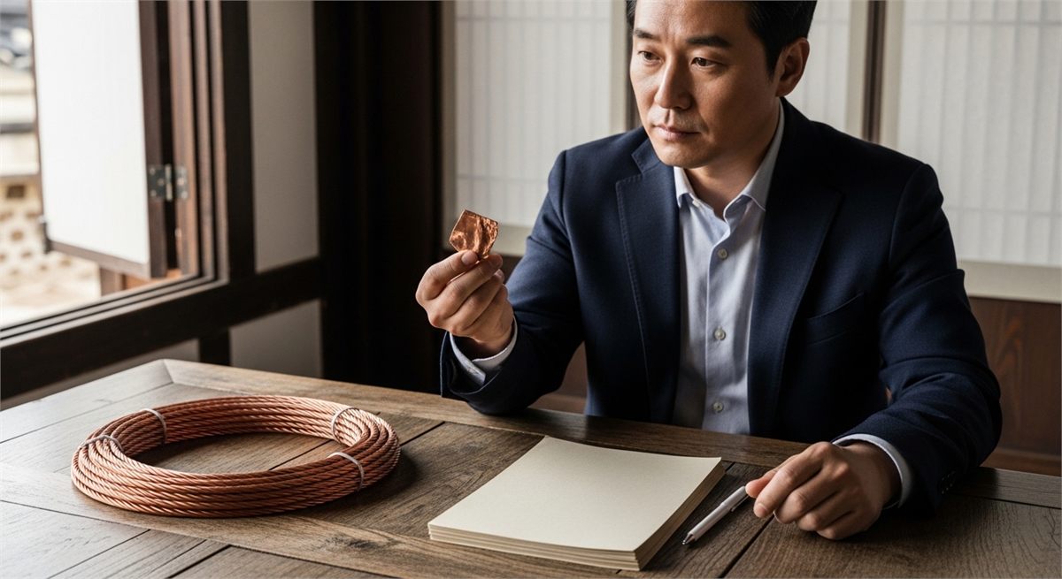 구리 샘플과 케이블, 재무 자료를 함께 놓고 비교하는 장면