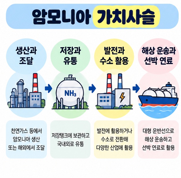 암모니아 관련 사업을 유통과 저장, 플랜트, 발전과 크래킹, 운반선과 선박 연료로 나누어 정리한 카드