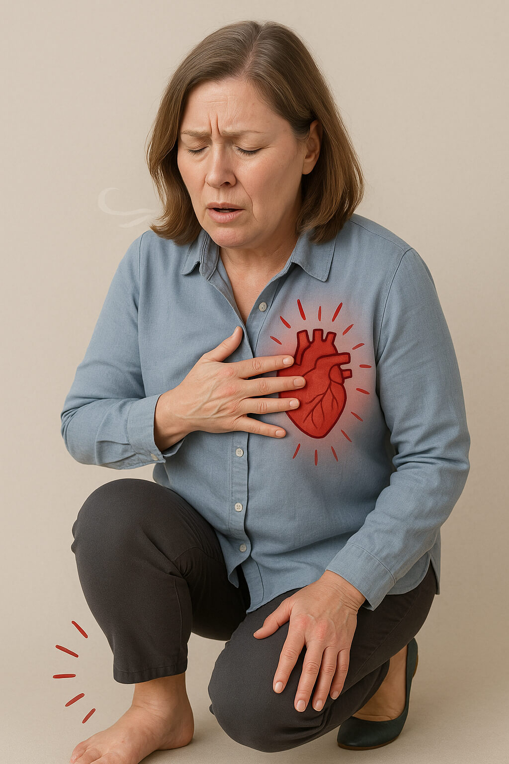 심장이 약해져 숨이 차고 발이 붓는 중년 여성의 모습(출처:자체제작)
