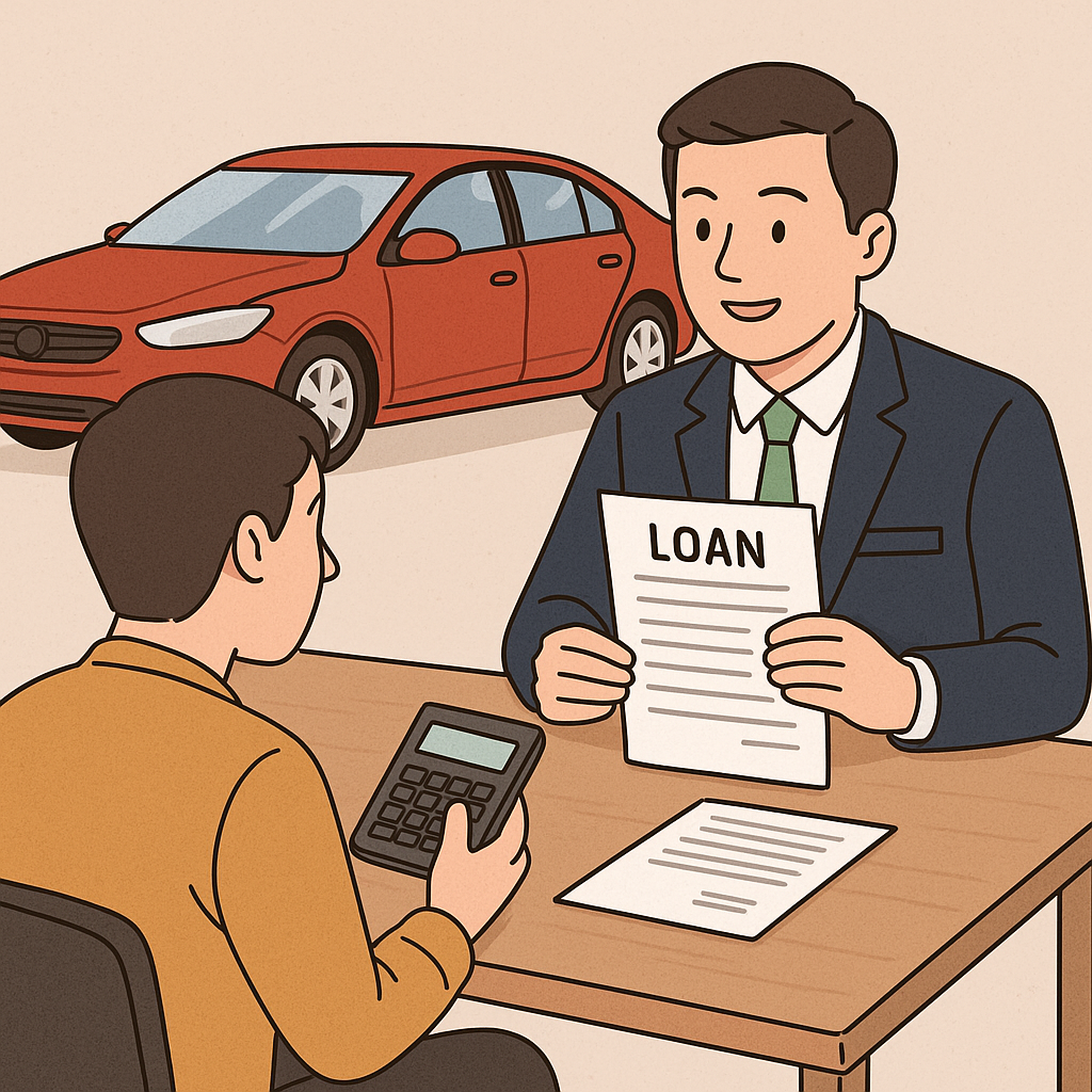 중고차 금융 상담 일러스트, 빨간 자동차 옆에서 대출 서류와 계산기를 보며 상담하는 고객과 판매원
