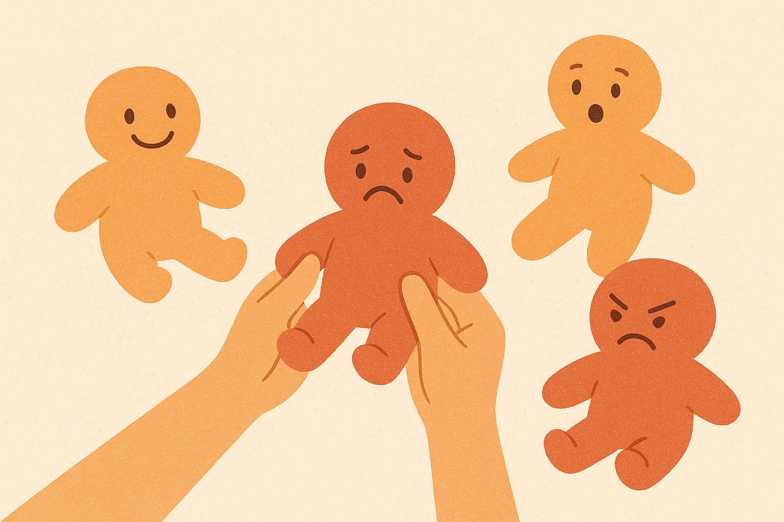 다양한 감정인형 중 찡그린 표정을 한 인형을 양 손으로 잡아 건네는 아이의 손