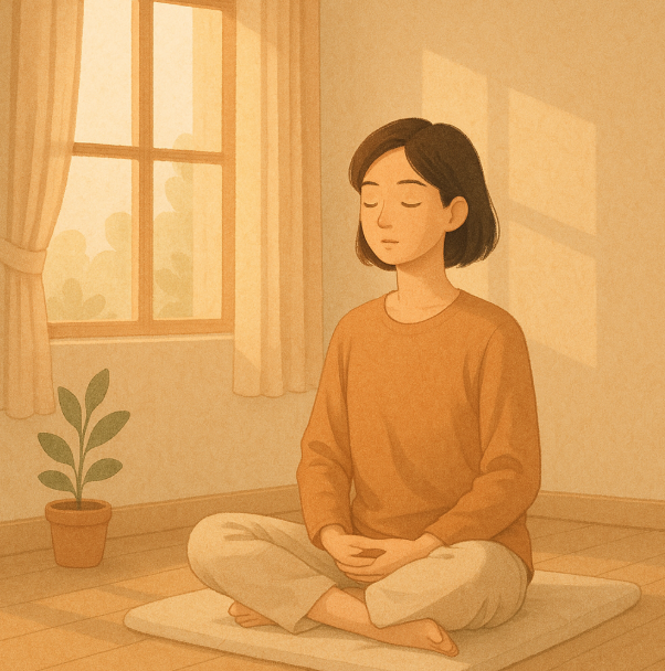 따뜻한 햇살 아래에서 명상 중인 사람