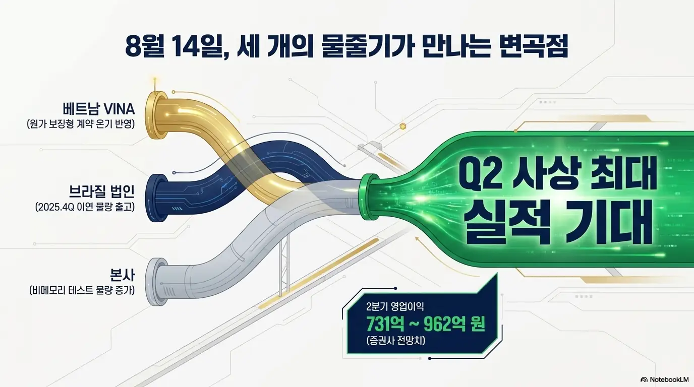 하나마이크론 주가 전망: 세 개의 파이프 물줄기가 하나로 합쳐지는 이미지로 하나마이크론 2분기 변곡점을 표현했다. 베트남 VINA의 원가 보장형 계약&amp;#44; 브라질 법인의 이연 물량&amp;#44; 본사의 비메모리 테스트가 만나며 영업이익 731억~962억 원의 사상 최대 실적이 기대됨을 보여준다. 2분기 실적발표 프리뷰를 설명한다. 