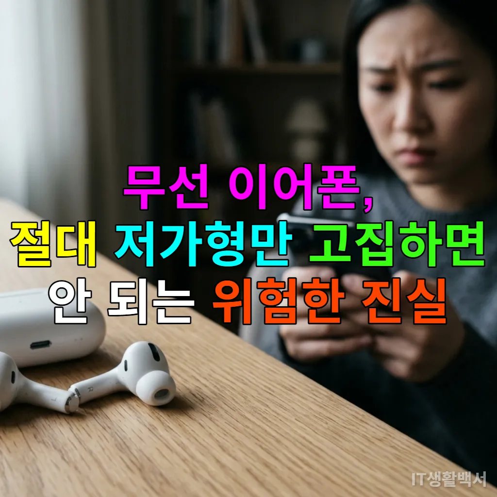 책상 위에 놓인 무선 이어폰과 걱정스러운 표정의 사람이 스마트폰을 들고 있는 모습