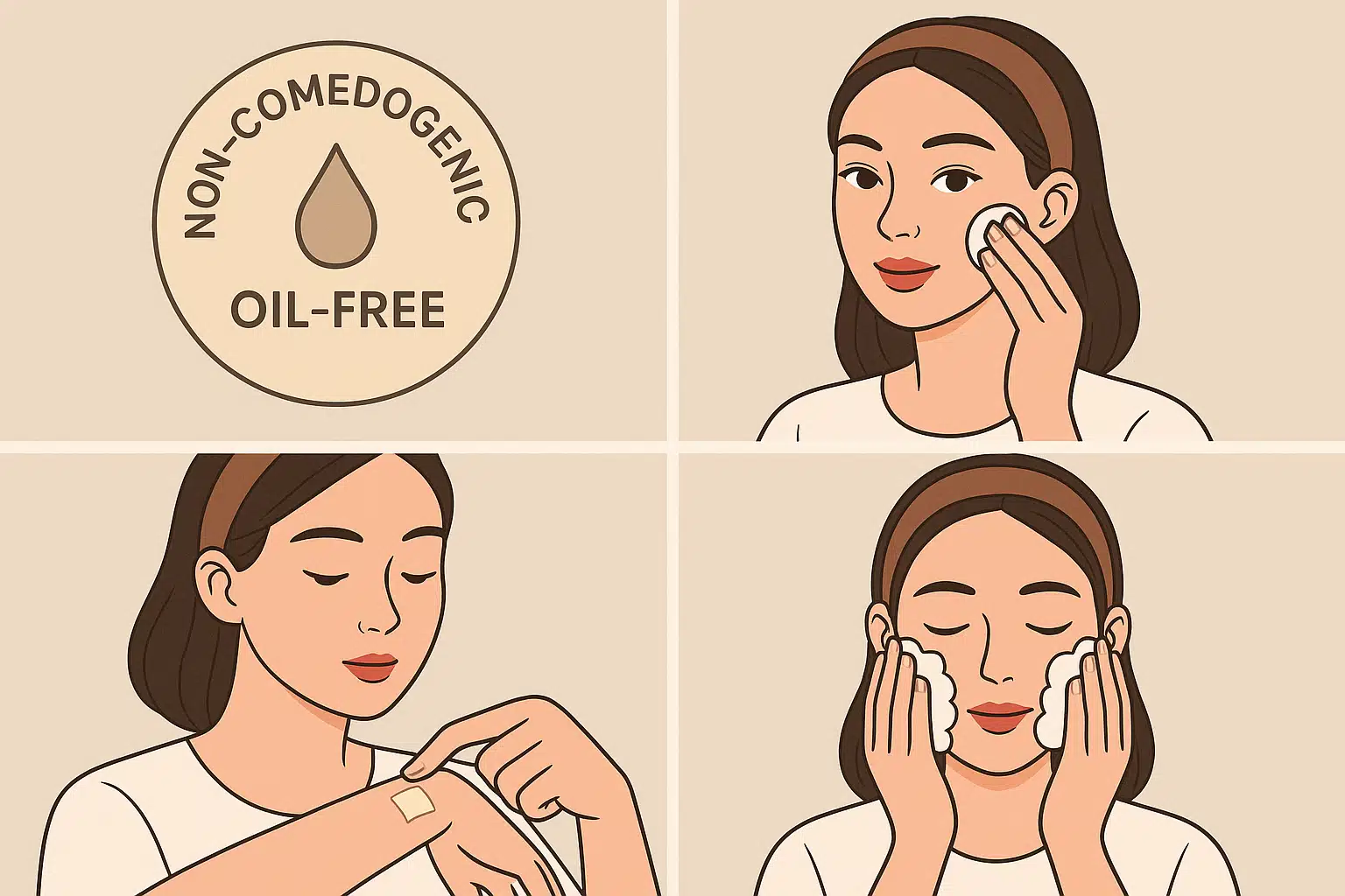 ‘논코메도제닉’, 오일프리 화장품 라벨, 패치 테스트, 메이크업 후 꼼꼼히 클렌징하는 모습