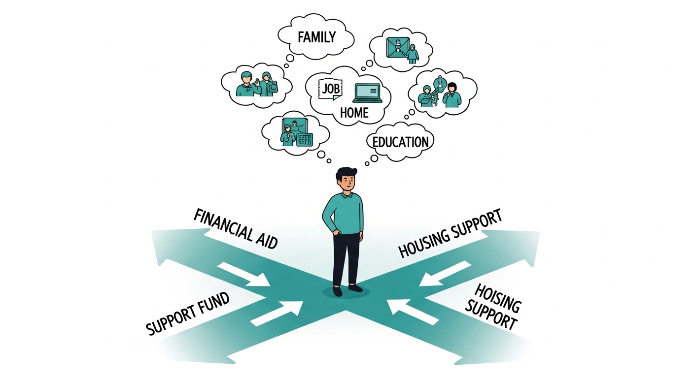 한 사람이 교차로에 서서 자신의 상황(가족, 직업, 주거 등)을 고려하며 여러 지원금 유형을 선택하는 모습, 맞춤형 지원금 매칭 과정을 시각화.