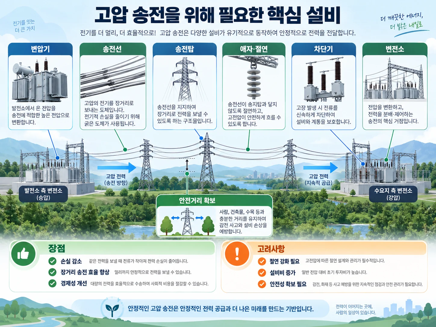 고압 송전에 필요한 변압기 송전선 송전탑 차단기 변전소