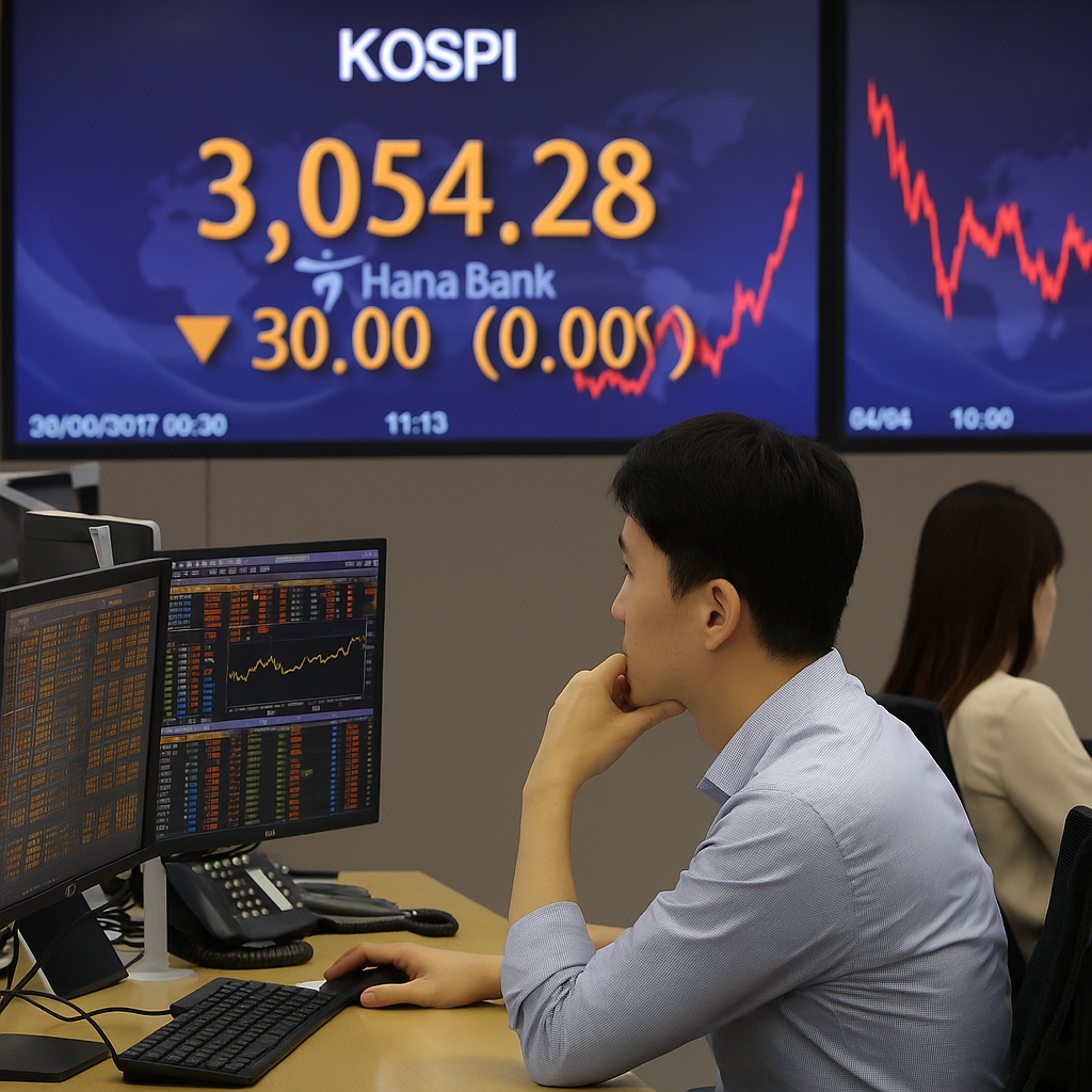 서울 여의도 증권사 트레이딩룸, 코스피 전광판 앞 분석 중인 직원 모습