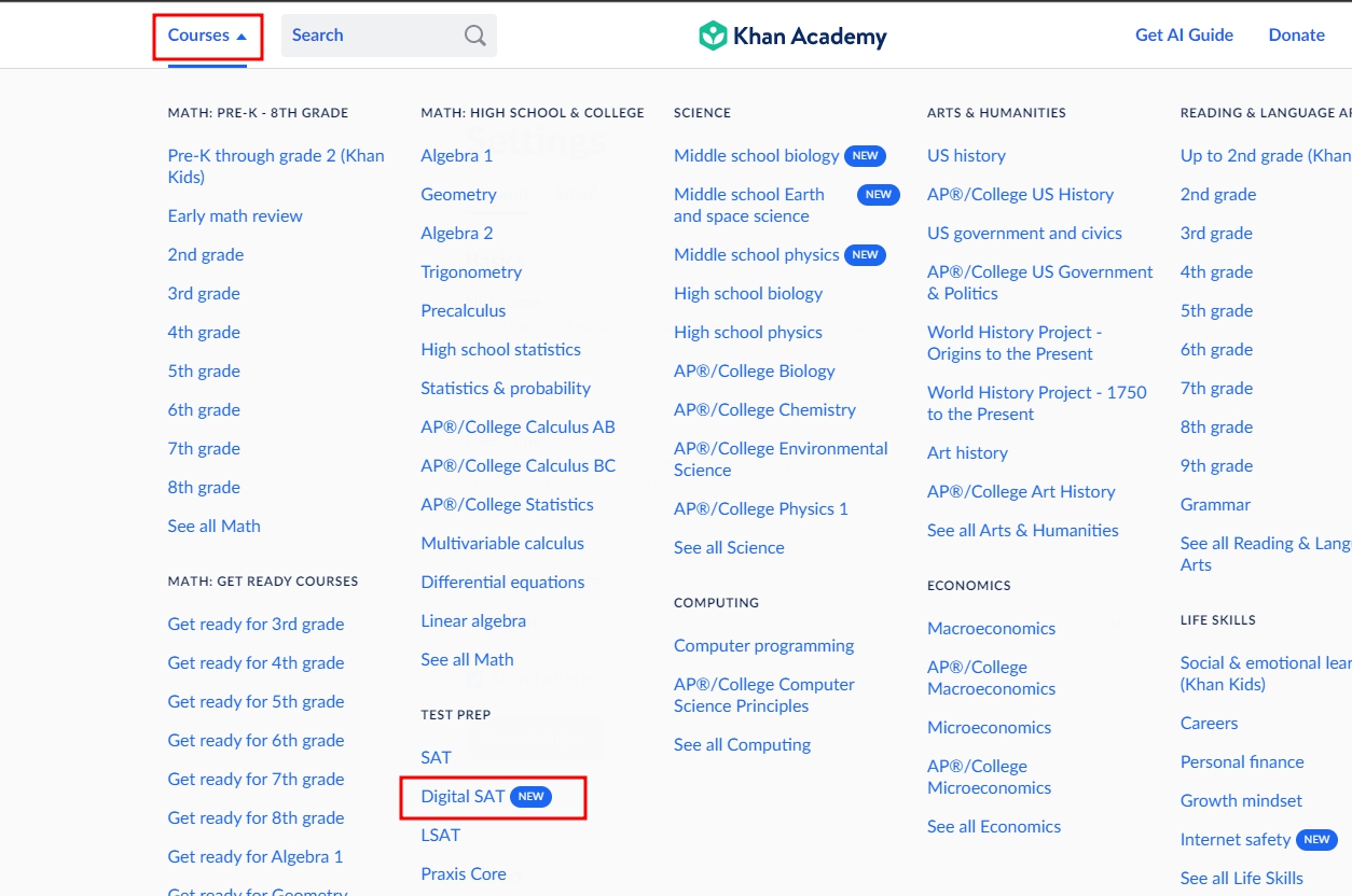 Khan Academy 웹사이트 Digital SAT 찾는 법을 보여주기 위한 스크린샷