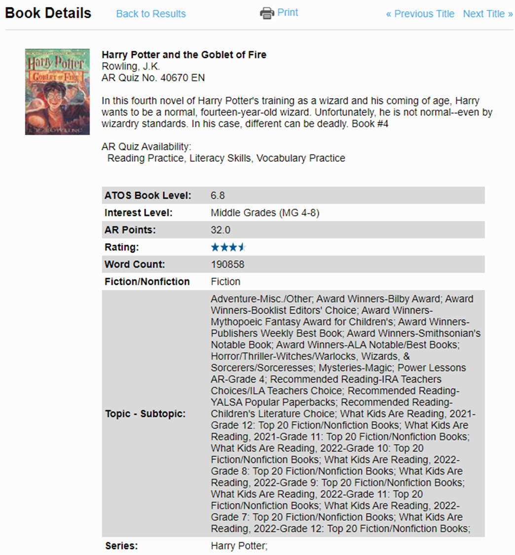 북파인더에서 해리포터를 찾아서 클릭하고 들어가면 나오는 책의 정보이다.