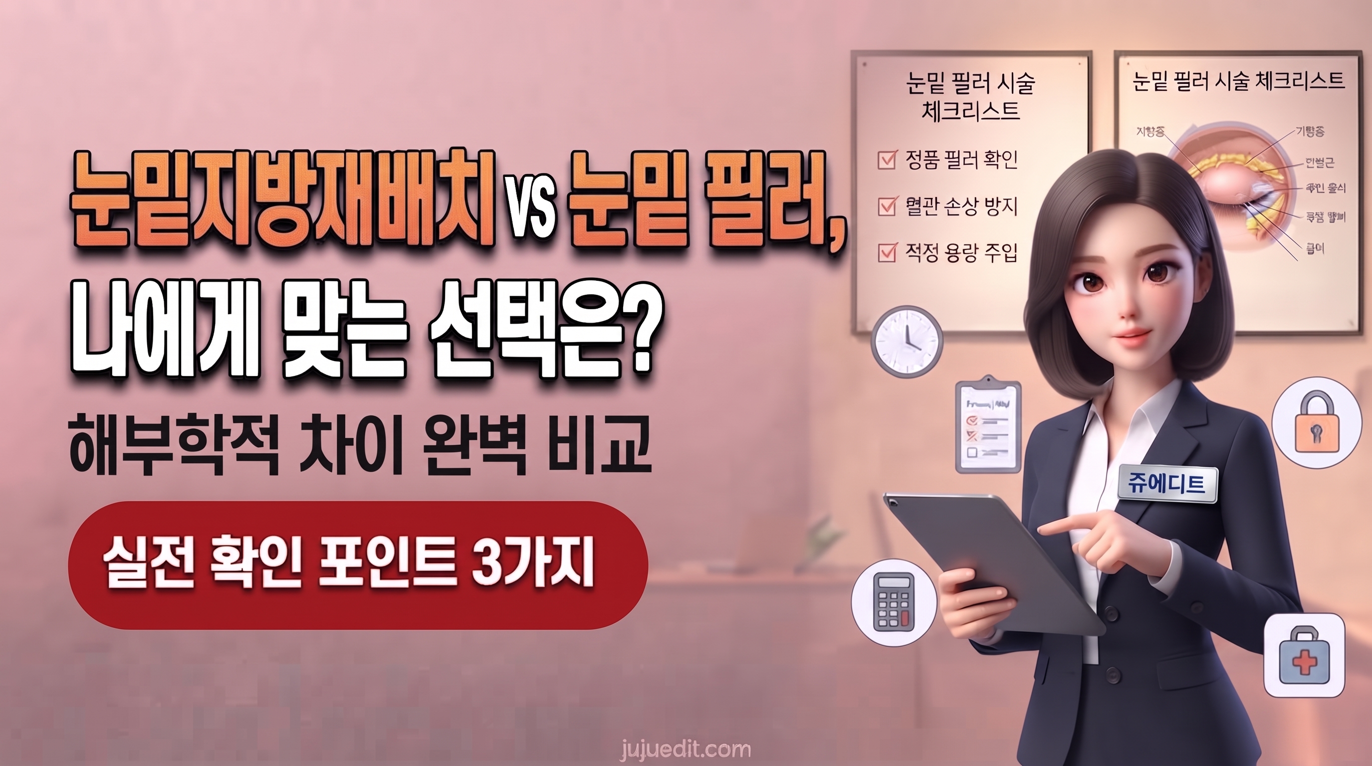 단정한 정장을 입은 여성 컨설턴트가 태블릿을 들고 설명하는 모습. 배경에는 '눈밑 필러 시술 체크리스트'가 걸려 있고, '눈밑지방재배치 vs 눈밑 필러, 나에게 맞는 선택은?'이라는 제목과 핵심 정보가 담긴 배지들이 함께 배치되어 있다.