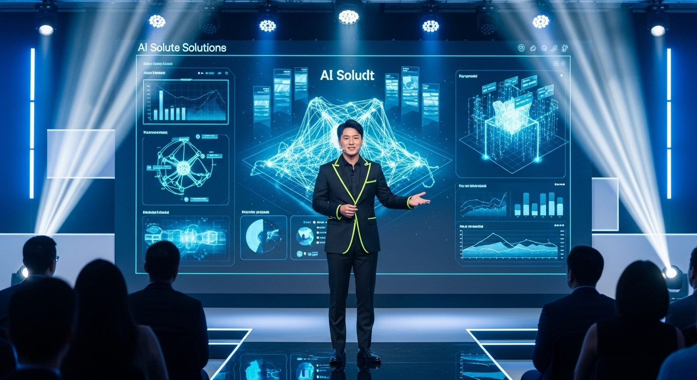 글로벌 투자자들 앞에서 혁신적인 AI 솔루션을 발표하고 투자를 유치하는 한국인 스타트업 CEO의 자신감 넘치는 모습