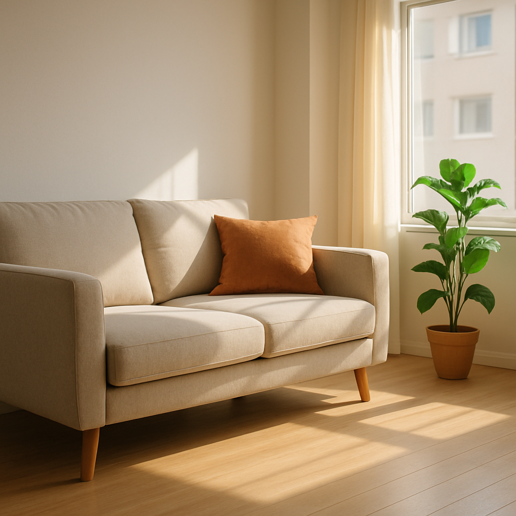 소파가 벽을 등지고 비스듬히 배치된 밝은 거실 인테리어