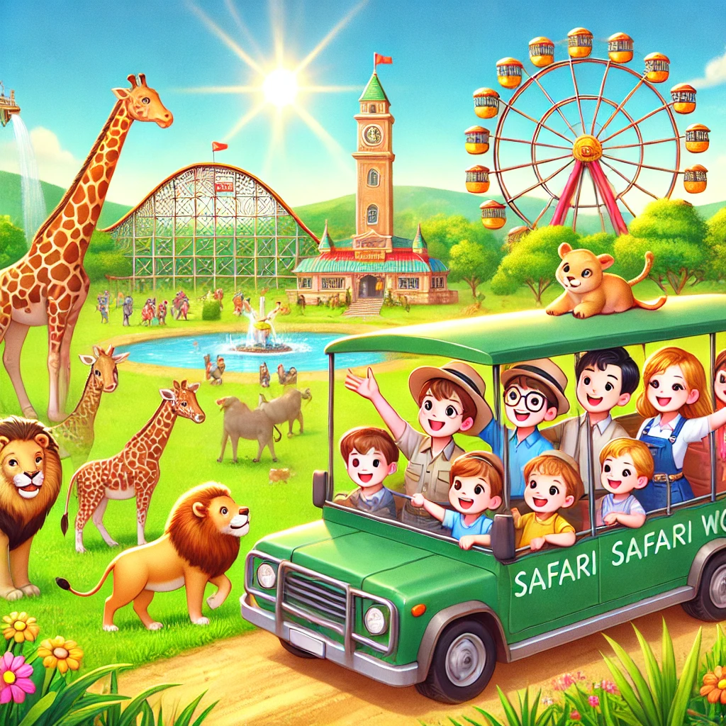 에버랜드 사파리 버스를 타고 기린, 사자, 코끼리를 가까이에서 관람하는 가족들 모습, 2025년 최신 에버랜드 사파리 체험 분위기