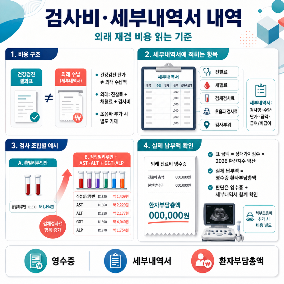 외래 재검 비용 구조와 세부내역서 항목, 검사 조합별 예시, 실제 납부액 확인 기준을 정리한 메디컬 인포그래픽