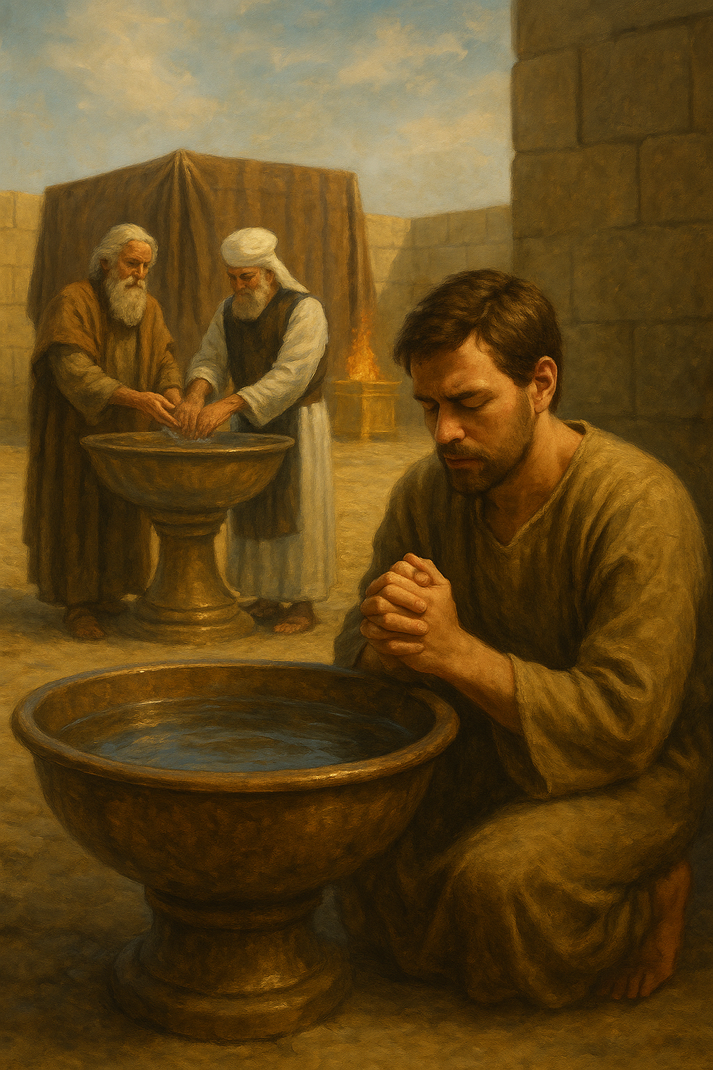 출 40:31-32 말씀을 따라 성전에 나아갈 때 모세와 아론이 정결하게 손을 씻었던 것처럼&amp;#44; 저도 하나님께 나아가기 이전에 제 죄를 생각하고 돌이키는 회개를 먼저 하고 정결하고 거룩한 겸손한 마음으로 교제하려는 시도를 하는 모습입니다.