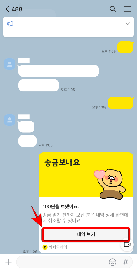 카카오페이 송금 메시지의 내역 보기를 선택