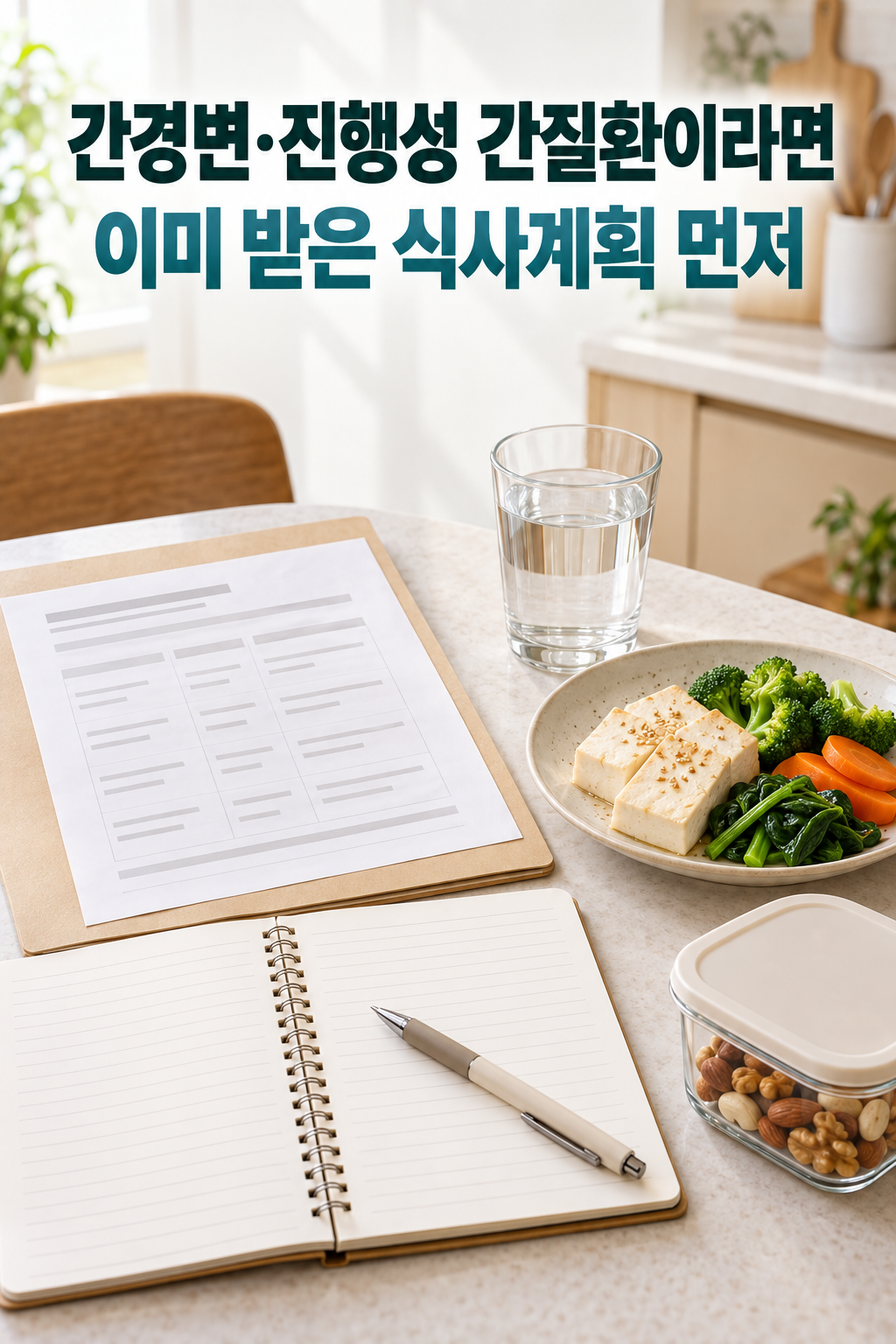 이미 받은 식사계획과 끼니&middot;음료&middot;간식 기록 노트를 음식 옆에 놓고 확인하는 장면