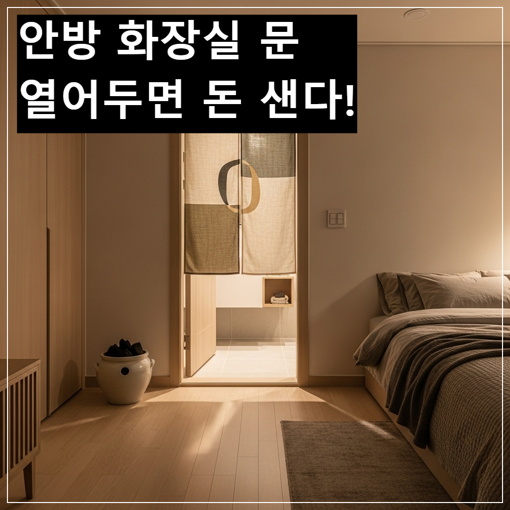 한국식 아파트 안방 화장실 문이 닫혀 있고 그 앞에 가림막 커튼과 숯 화분이 놓여 있어 재물운을 지키는 풍수 인테리어 모습