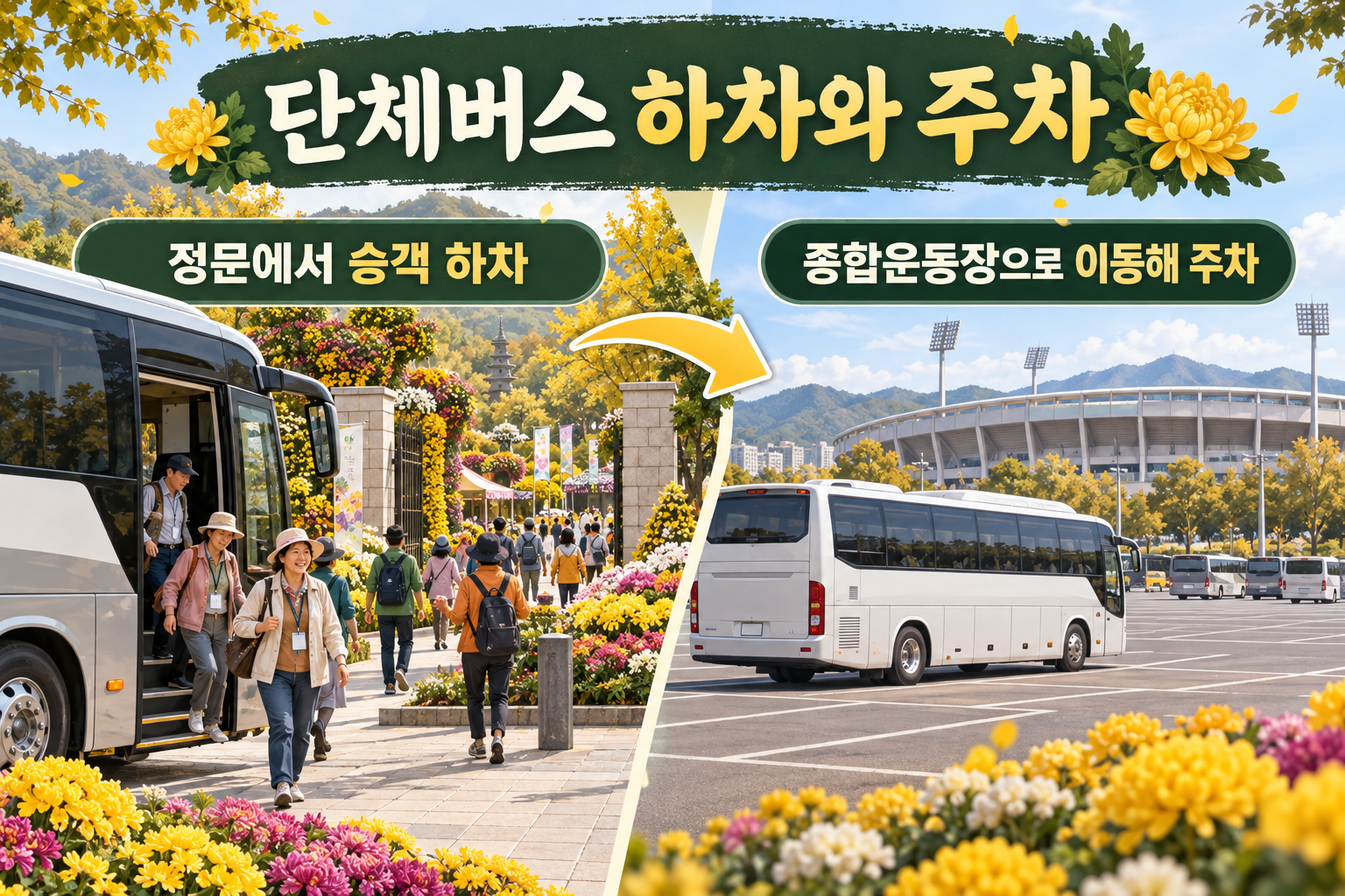 국화축제 정문 하차 후 종합운동장 버스 주차