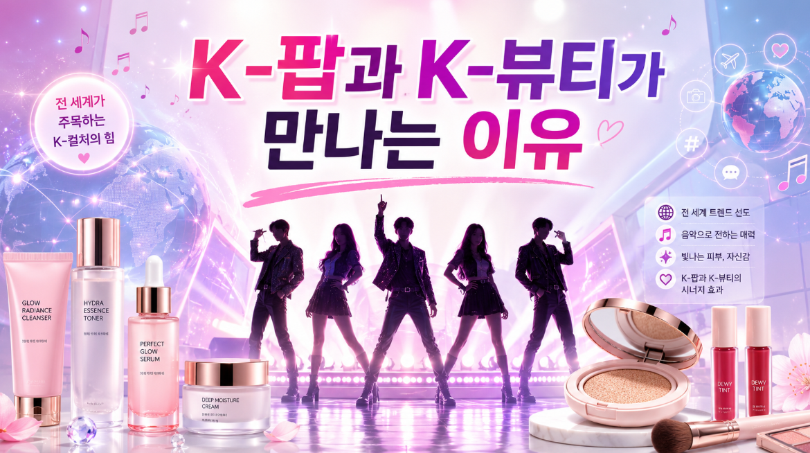 K-팝과 K-뷰티가 만나 아이돌 메이크업과 화장품 트렌드를 만드는 흐름을 소개하는 이미지