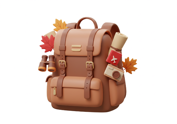 화담숲 방문을 위한 준비물이 담긴 배낭과 가을잎을 장식한 3D 아이콘