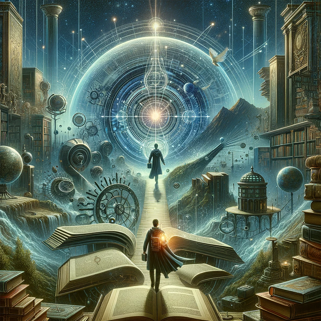 거대한 책 너머 밝은 빛이 비추는 길을 따라 기하학적 원 모양의, 고도화된 우주문명의 차원 포털을 향해 나아가는 사람의 모습