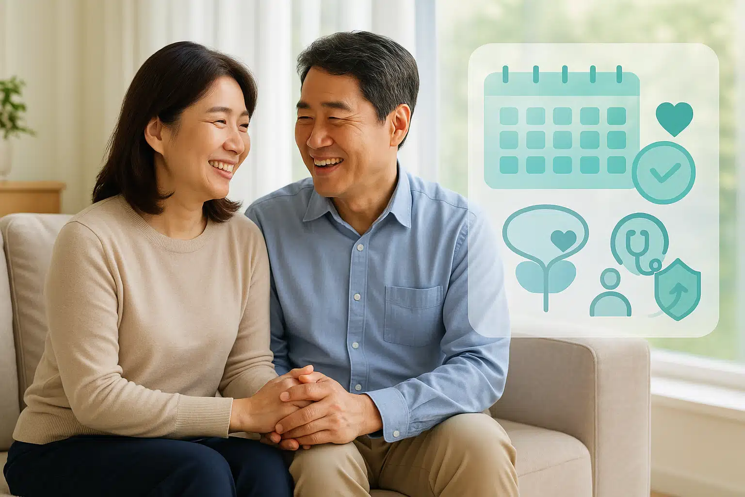 커플이 웃으며 대화를 나누는 장면, 전립선 수술 후 성기능 회복을 상징하는 의료 아이콘