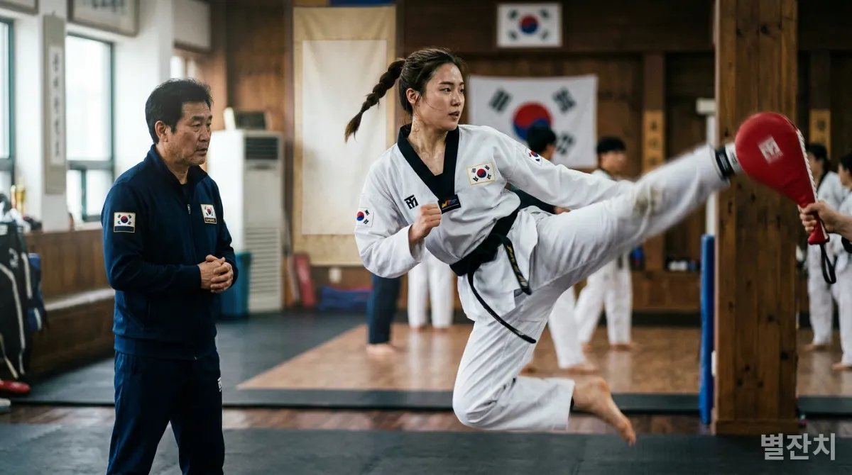 새로운 태권도 기술을 훈련하는 한국 선수와 코치