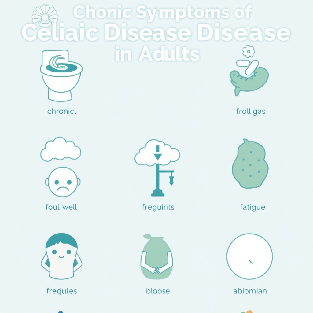 만성 설사, 냄새가 심하고 매끈거리는 대변, 잦은 방귀, 체중 감소, 피곤함, 복부 팽만감 등 성인 셀리악병의 주요 증상들을 아이콘이나 상징적인 그림으로 나열한 인포그래픽 스타일의 이미지입니다.