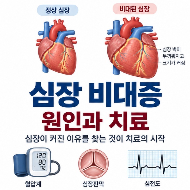 심장 비대증 원인과 치료를 정상 심장과 커진 심장, 고혈압 판막 심근병증 아이콘으로 설명하는 교육용 이미지