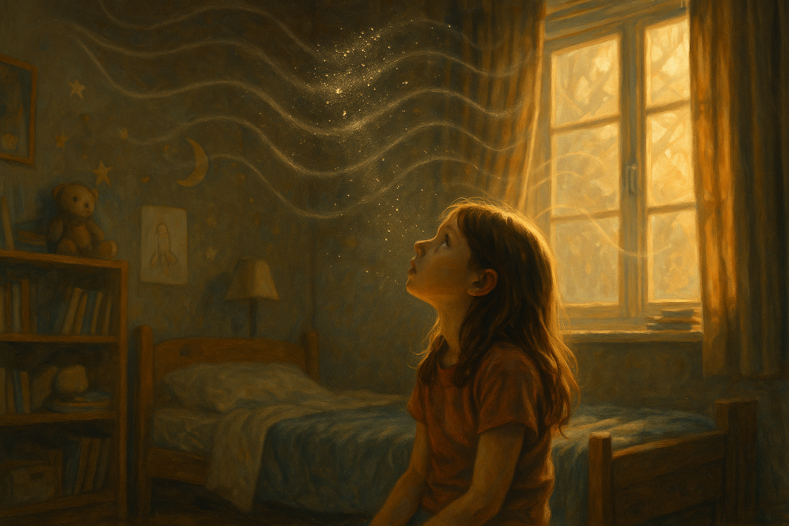 어린 소녀의 방에 어떤 신비한 힘을 나타내는 일러스트
