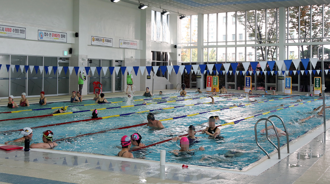 수영장에서 수영하는 사람들