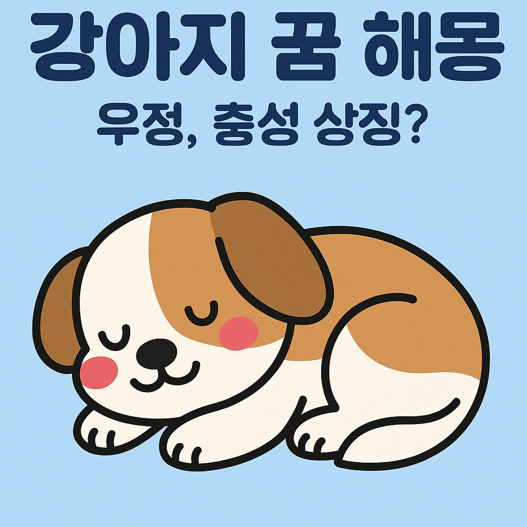 일러스트 스타일의 강아지가 그려져있고 "강아지 꿈 해몽 우정, 충성 상징?" 이라는 텍스트가 있는 썸네일 이미지