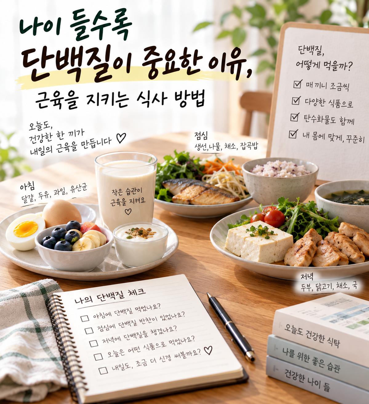 달걀 두유 생선 두부 등 단백질 식품을 골고루 차린 식탁